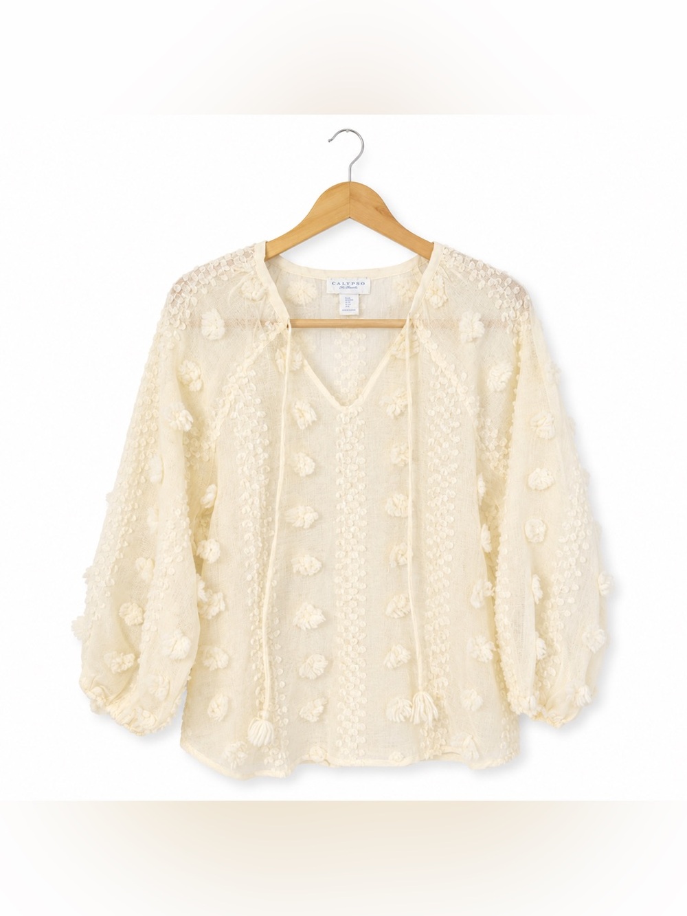 Calypso St. Barth Cream Textured Tassel Boho Blouse Small Sheer Beach Reaort